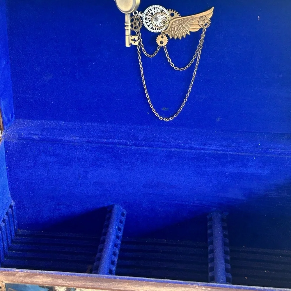 Steampunk Jewelry Box #3 Handmade Vintage Victorian Gear Decor Blue Velvet int
